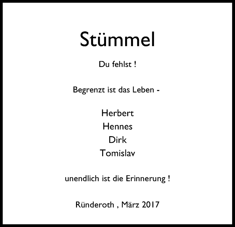  Traueranzeige für Klaus Dieter Stenzel vom 20.03.2017 aus Kölner Stadt-Anzeiger / Kölnische Rundschau / Express