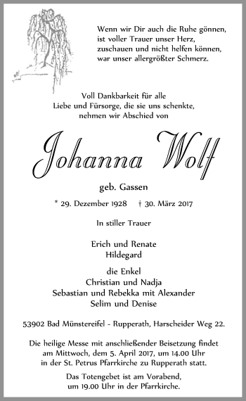 Anzeige von Johanna Wolf von  Blickpunkt Euskirchen 