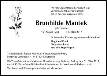 Anzeige von Brunhilde Mantek von Kölner Stadt-Anzeiger / Kölnische Rundschau / Express