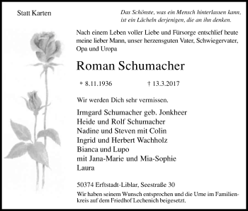 Anzeige von Roman Schumacher von Kölner Stadt-Anzeiger / Kölnische Rundschau / Express