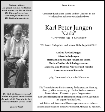 Anzeige von Karl Peter Jungen von Kölner Stadt-Anzeiger / Kölnische Rundschau / Express
