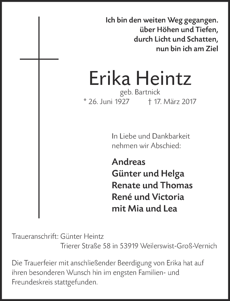  Traueranzeige für Erika Heintz vom 25.03.2017 aus  Blickpunkt Euskirchen 