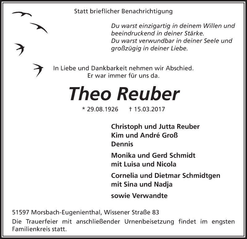  Traueranzeige für Theo Reuber vom 22.03.2017 aus  Lokalanzeiger 