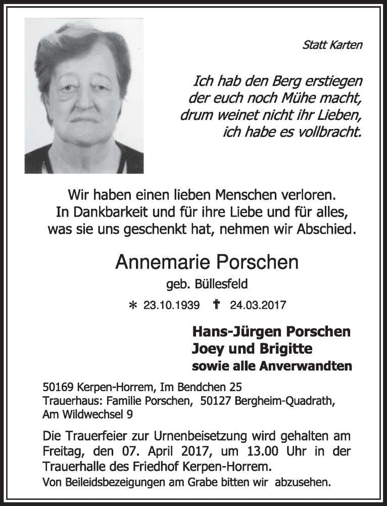  Traueranzeige für Annemarie Porschen vom 01.04.2017 aus  Sonntags-Post 