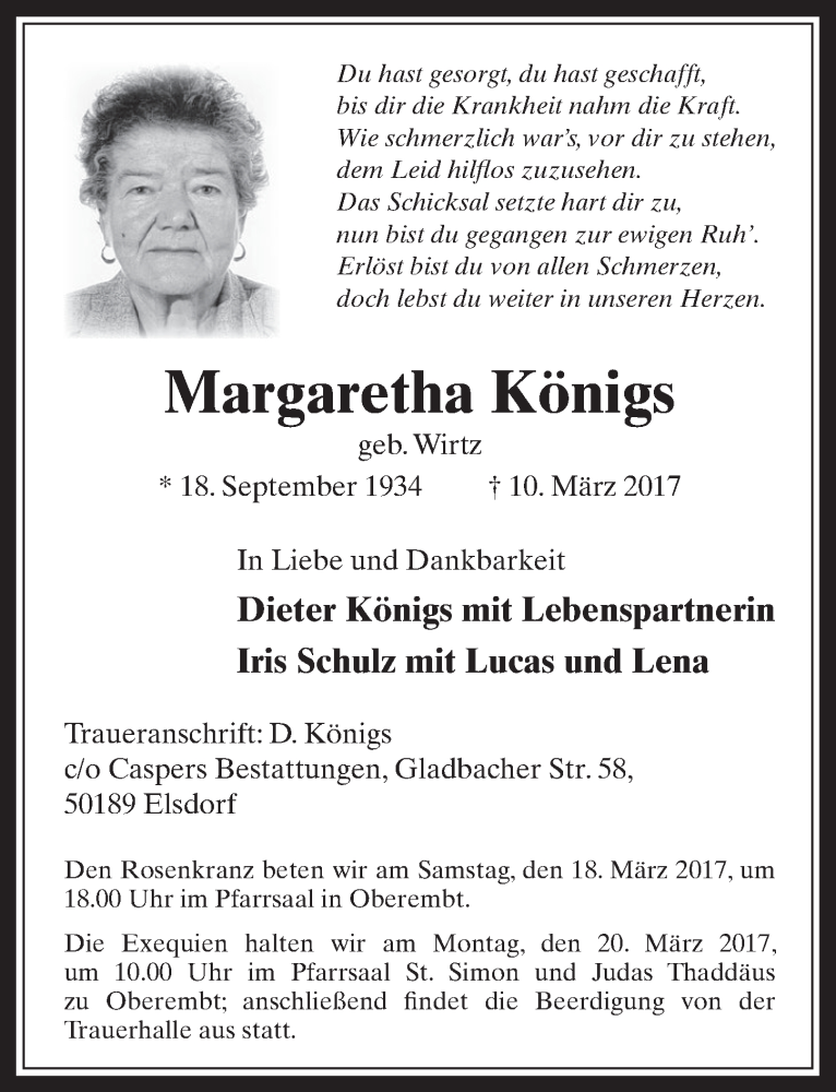  Traueranzeige für Margaretha Königs vom 18.03.2017 aus  Sonntags-Post 