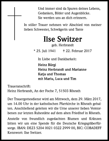 Anzeige von Ilse Switzer von Kölner Stadt-Anzeiger / Kölnische Rundschau / Express