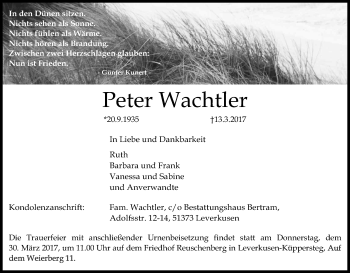 Anzeige von Peter Wachtler von Kölner Stadt-Anzeiger / Kölnische Rundschau / Express