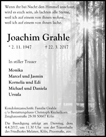 Anzeige von Joachim Grahle von Kölner Stadt-Anzeiger / Kölnische Rundschau / Express
