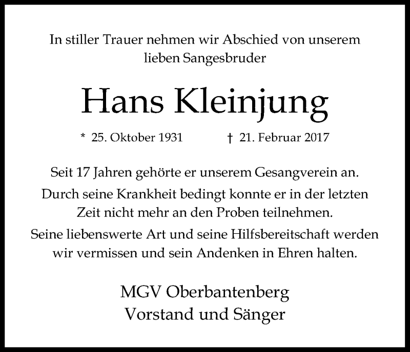  Traueranzeige für Hans Kleinjung vom 04.03.2017 aus Kölner Stadt-Anzeiger / Kölnische Rundschau / Express