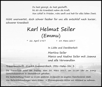 Anzeige von Karl Helmut Seiler von Kölner Stadt-Anzeiger / Kölnische Rundschau / Express