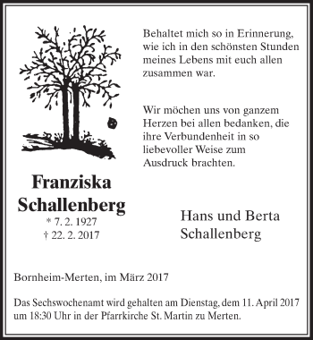 Anzeige von Franziska Schallenberg von  Schlossbote/Werbekurier 