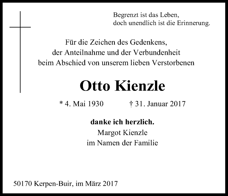  Traueranzeige für Otto Kienzle vom 11.03.2017 aus Kölner Stadt-Anzeiger / Kölnische Rundschau / Express