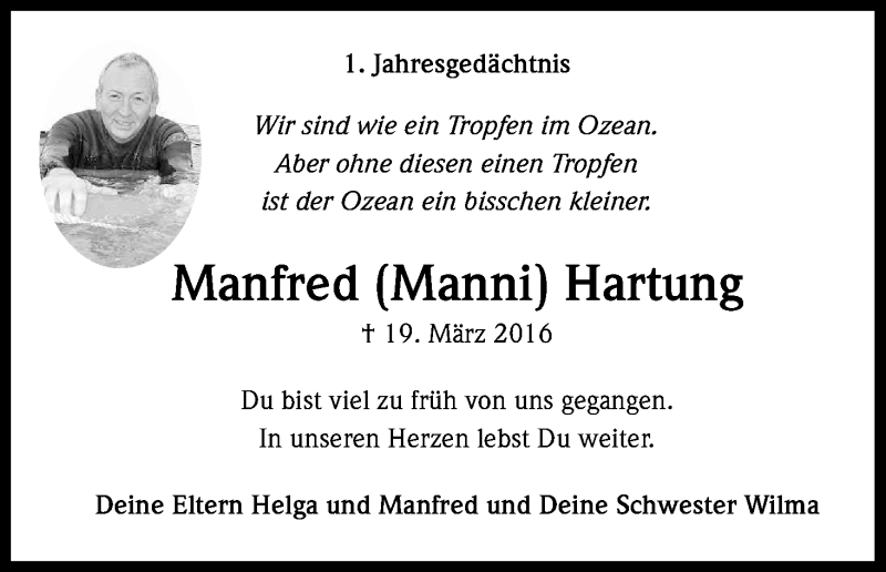  Traueranzeige für Manfred Hartung vom 18.03.2017 aus Kölner Stadt-Anzeiger / Kölnische Rundschau / Express