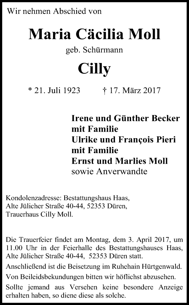 Traueranzeige für Maria Cäcilia Moll vom 25.03.2017 aus Kölner Stadt-Anzeiger / Kölnische Rundschau / Express
