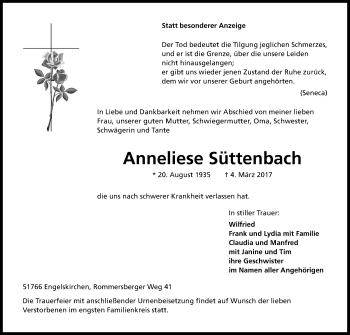 Anzeige von Anneliese Süttenbach von Kölner Stadt-Anzeiger / Kölnische Rundschau / Express