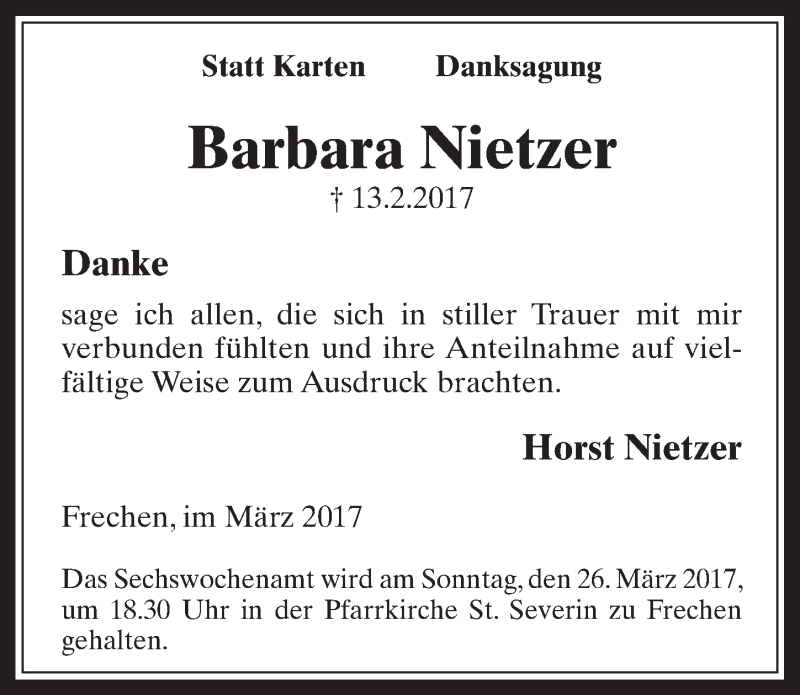  Traueranzeige für Barbara Nietzer vom 22.03.2017 aus  Wochenende 