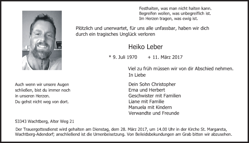  Traueranzeige für Heiko Leber vom 22.03.2017 aus  Schaufenster/Blickpunkt 