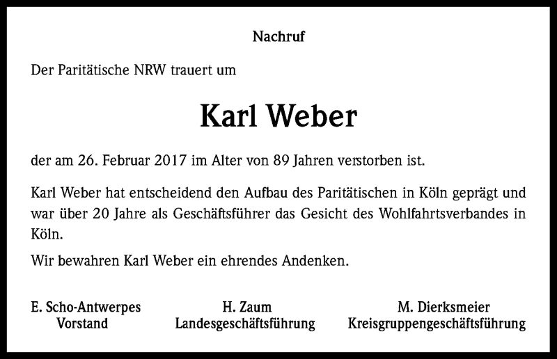  Traueranzeige für Karl Weber vom 15.03.2017 aus Kölner Stadt-Anzeiger / Kölnische Rundschau / Express