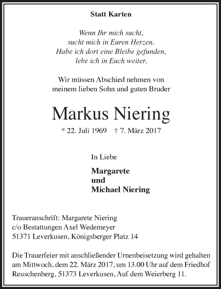  Traueranzeige für Markus Niering vom 15.03.2017 aus  Lokale Informationen 