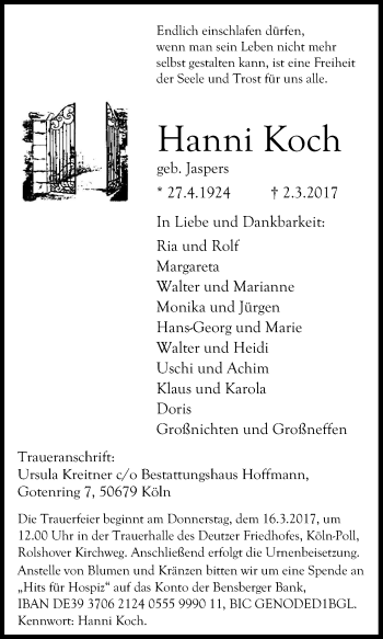 Anzeige von Hanni Koch von Kölner Stadt-Anzeiger / Kölnische Rundschau / Express