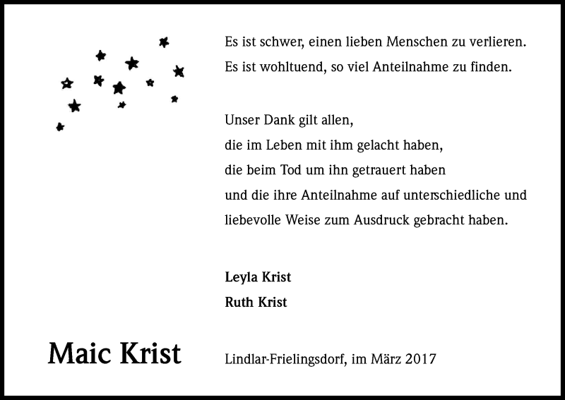  Traueranzeige für Maic Krist vom 29.03.2017 aus Kölner Stadt-Anzeiger / Kölnische Rundschau / Express