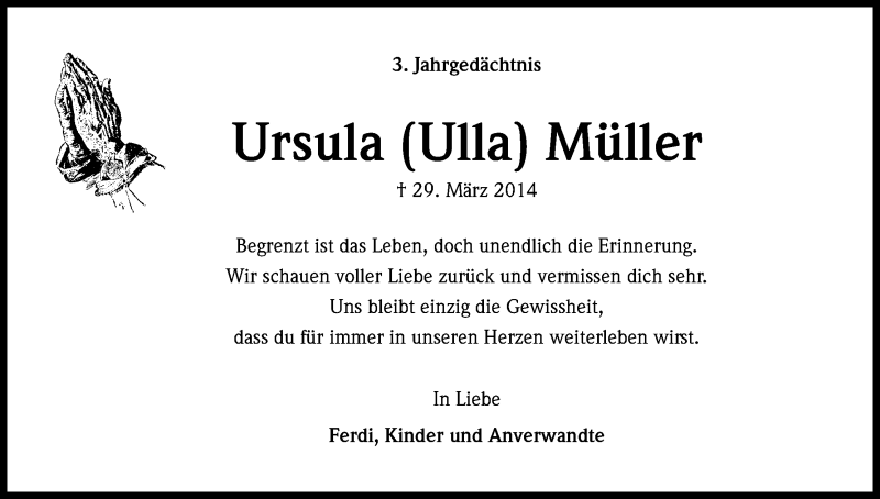  Traueranzeige für Ursula Müller vom 29.03.2017 aus Kölner Stadt-Anzeiger / Kölnische Rundschau / Express