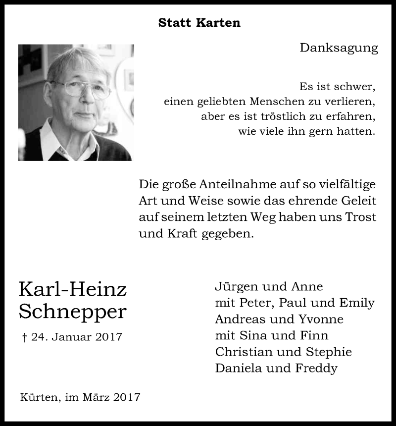  Traueranzeige für Karl-Heinz Schnepper vom 04.03.2017 aus Kölner Stadt-Anzeiger / Kölnische Rundschau / Express