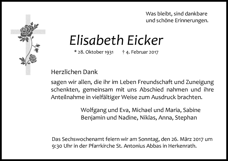  Traueranzeige für Elisabeth Eicker vom 18.03.2017 aus Kölner Stadt-Anzeiger / Kölnische Rundschau / Express