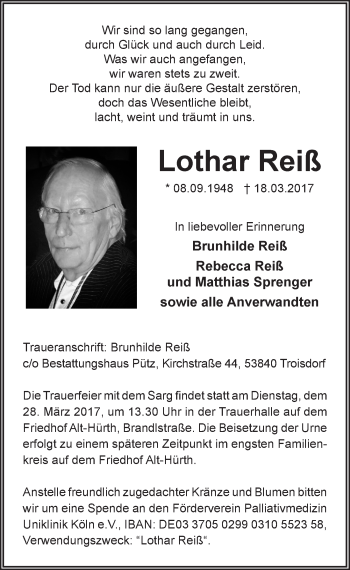 Anzeige von Lothar Reiß von  Sonntags-Post 
