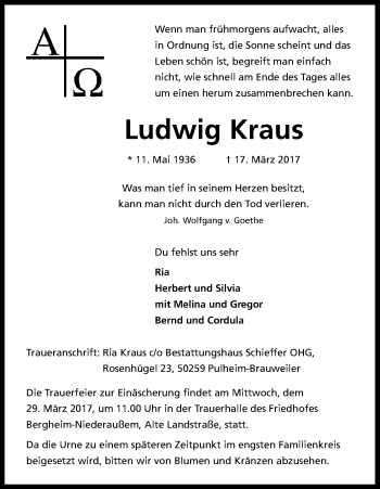 Anzeige von Ludwig Kraus von Kölner Stadt-Anzeiger / Kölnische Rundschau / Express
