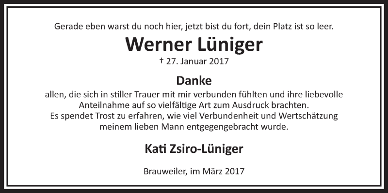  Traueranzeige für Werner Lüniger vom 04.03.2017 aus  Sonntags-Post 