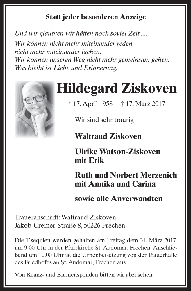  Traueranzeige für Hildegard Ziskoven vom 29.03.2017 aus  Wochenende 