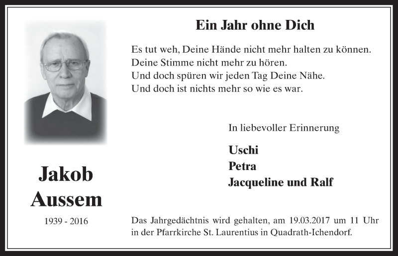  Traueranzeige für Jakob Aussem vom 15.03.2017 aus  Werbepost 