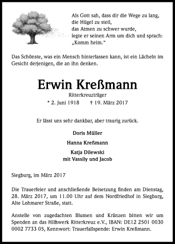 Anzeige von Erwin Kreßmann von Kölner Stadt-Anzeiger / Kölnische Rundschau / Express