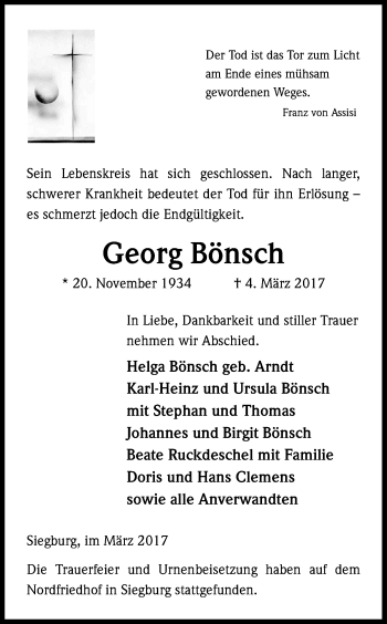 Anzeige von Georg Bönsch von Kölner Stadt-Anzeiger / Kölnische Rundschau / Express