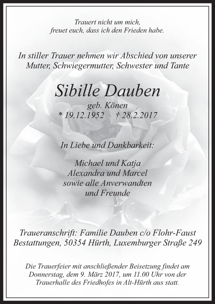  Traueranzeige für Sibille Dauben vom 08.03.2017 aus  Wochenende 