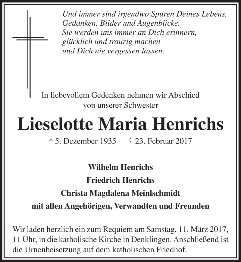  Traueranzeige für Lieselotte Maria Henrichs vom 08.03.2017 aus  Lokalanzeiger 