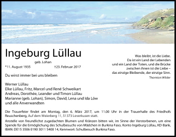 Anzeige von Ingeburg Lüllau von Kölner Stadt-Anzeiger / Kölnische Rundschau / Express