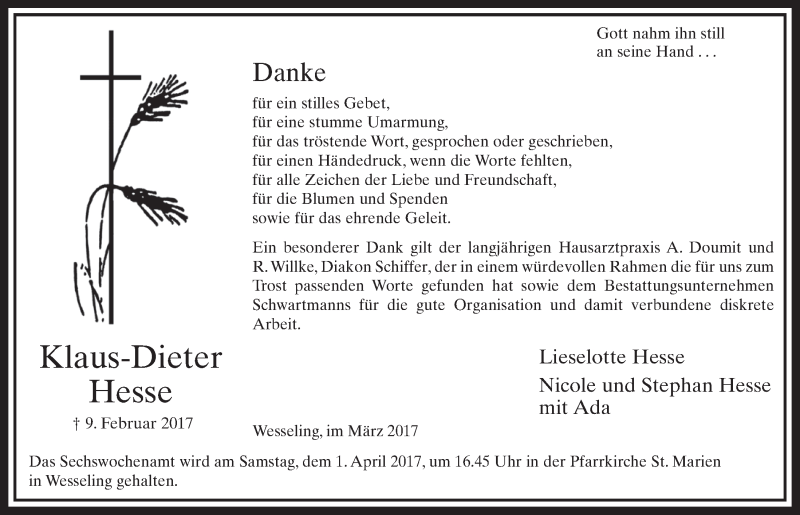 Traueranzeige für Klaus-Dieter Hesse vom 22.03.2017 aus  Schlossbote/Werbekurier 