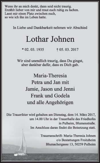 Anzeige von Lothar Johnen von  Sonntags-Post 