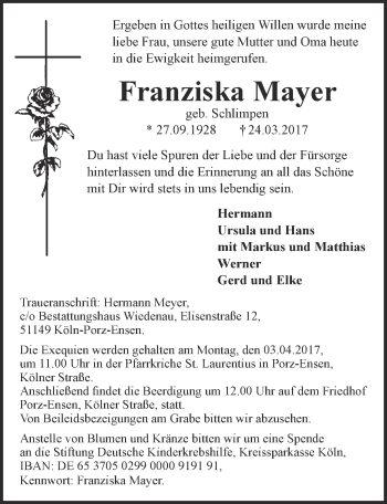 Anzeige von Franziska Mayer von  Kölner Wochenspiegel 