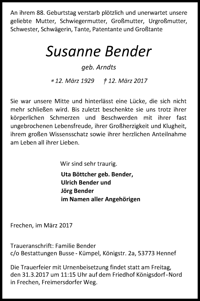  Traueranzeige für Susanne Bender vom 25.03.2017 aus Kölner Stadt-Anzeiger / Kölnische Rundschau / Express
