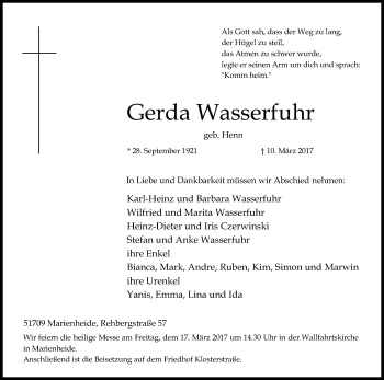 Anzeige von Gerda Wasserfuhr von Kölner Stadt-Anzeiger / Kölnische Rundschau / Express