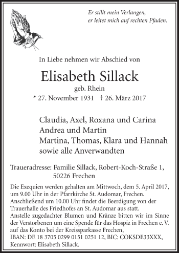 Anzeige von Elisabeth Sillack von  Sonntags-Post 