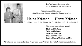 Anzeige von Heinz/Hanni Krämer von Kölner Stadt-Anzeiger / Kölnische Rundschau / Express