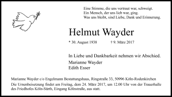 Anzeige von Helmut Wayder von Kölner Stadt-Anzeiger / Kölnische Rundschau / Express