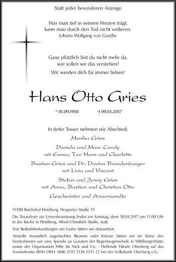 Anzeige von Hans Otto Gries von Kölner Stadt-Anzeiger / Kölnische Rundschau / Express