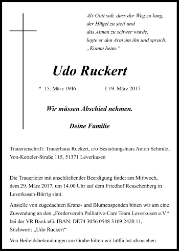 Anzeige von Udo Ruckert von Kölner Stadt-Anzeiger / Kölnische Rundschau / Express