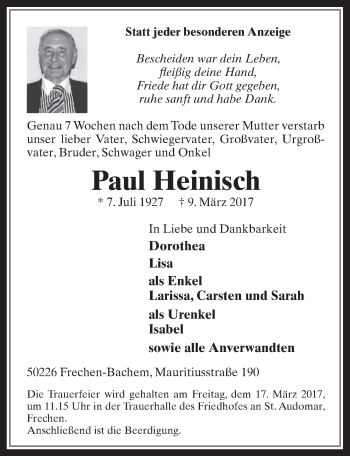 Anzeige von Paul Heinisch von  Wochenende 