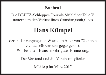 Anzeige von Hans Kümpel von  Rhein-Sieg-Wochenende 